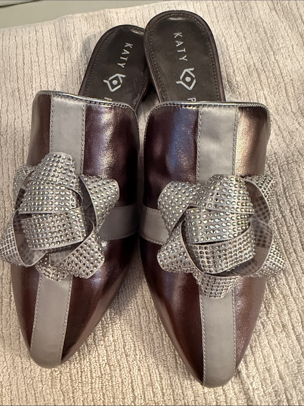 Katy Perry Collections Brown and Silver Crystal Flower Pointed Mules